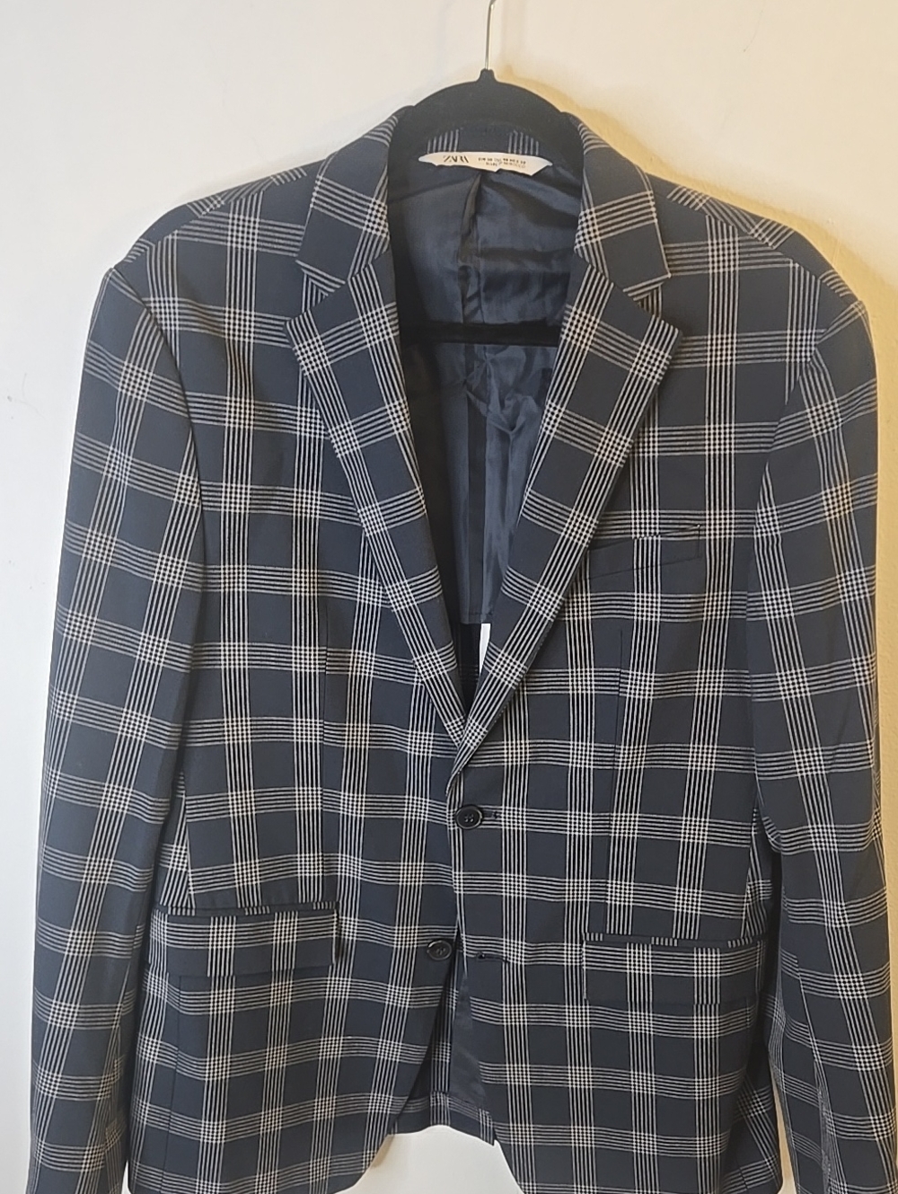 Zara Men Navy Windowpane Plaid Blazer